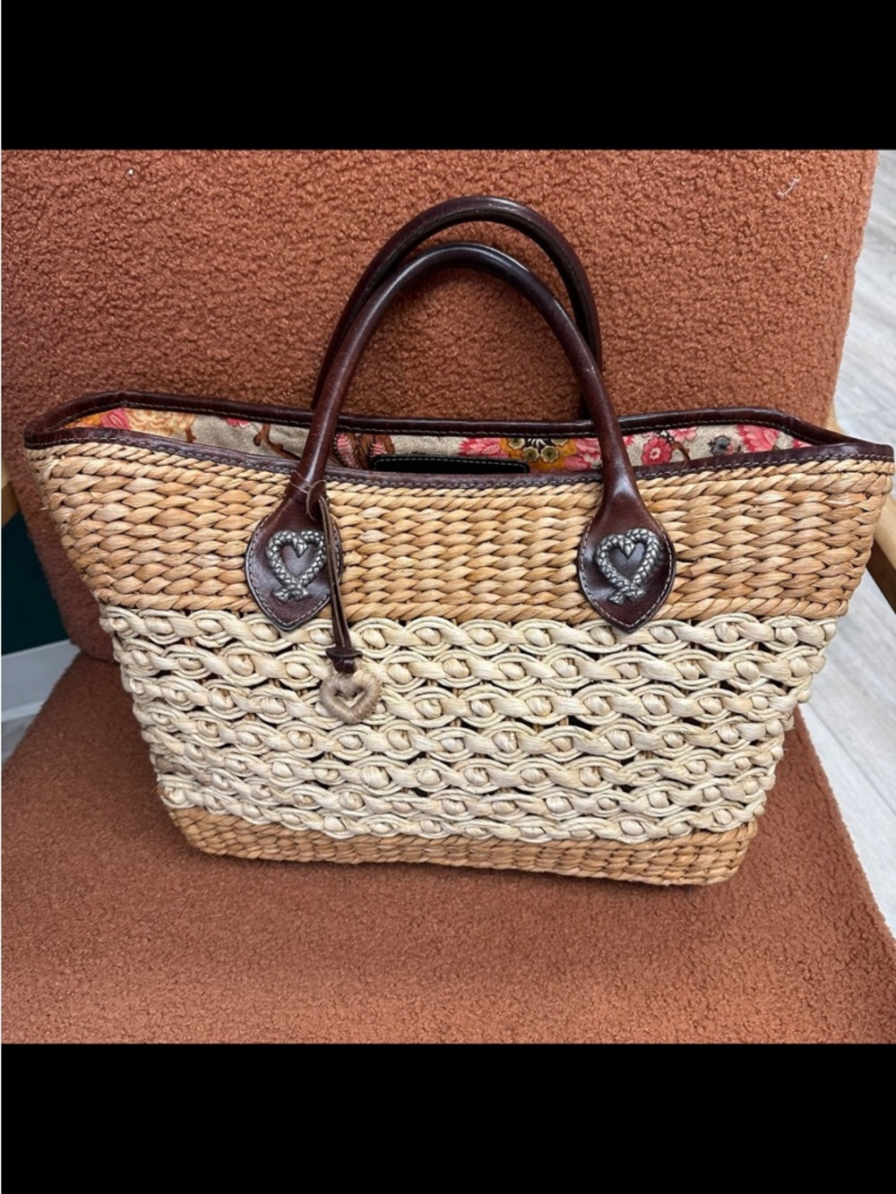 Brighton Woven Straw Tote Bag with Brown Leather Handles